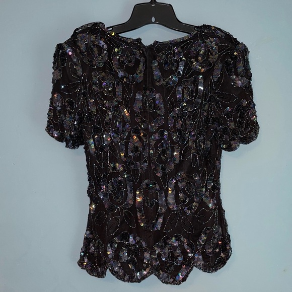 Papell Boutique Vintage Sequined Evening Top Silk Scalloped Hem Petite Medium - Picture 9 of 9